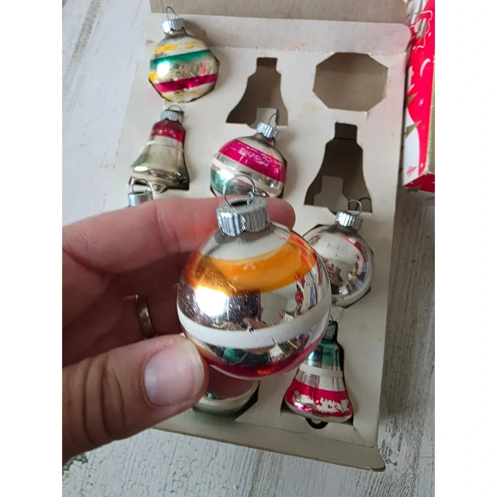 Vintage shiny Brite ornament set Bell striped pink green red box Xmas tree